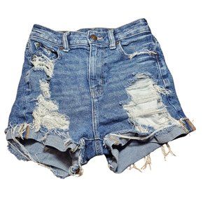 dark distressed high rise jean shorts, American Eagle, size 000
